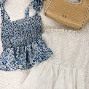 BUNDLE - Blue Floral Smocked Tank Top & strapless white top- Women